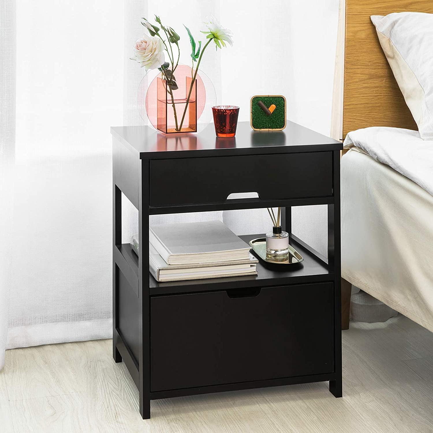 Black Bedside Table with 2 Drawers - John Cootes