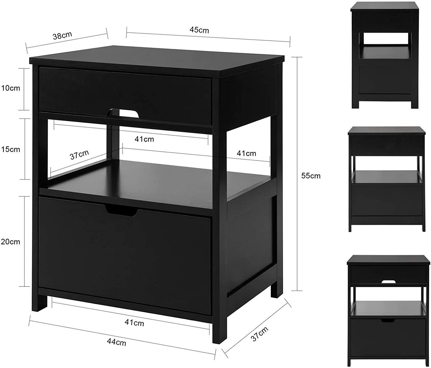 Black Bedside Table with 2 Drawers - John Cootes