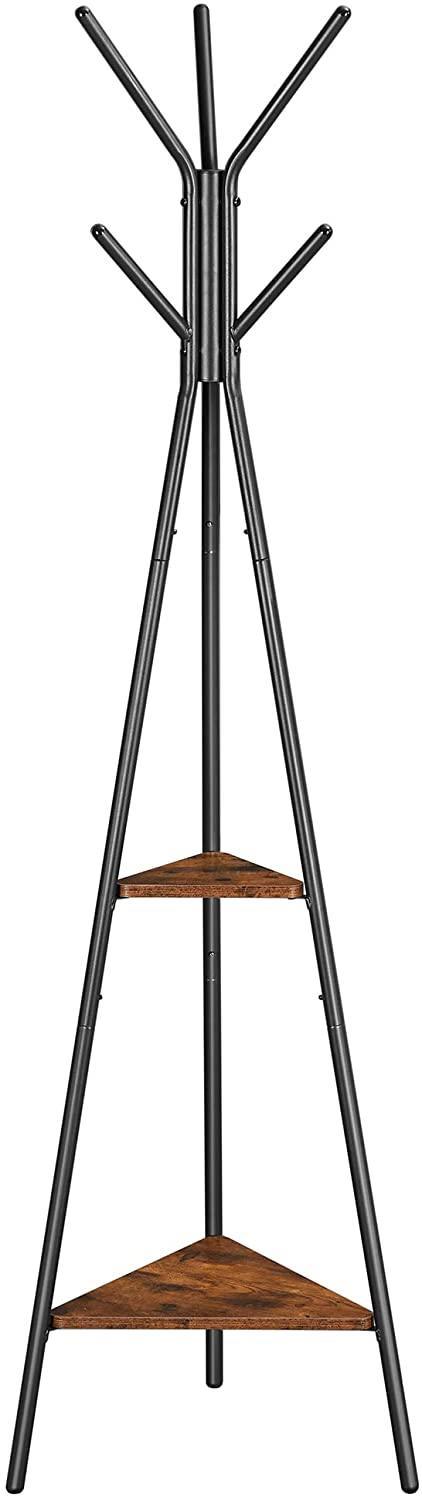 Black Coat Rack Stand Industrial Style 2 Shelves Clothes - John Cootes