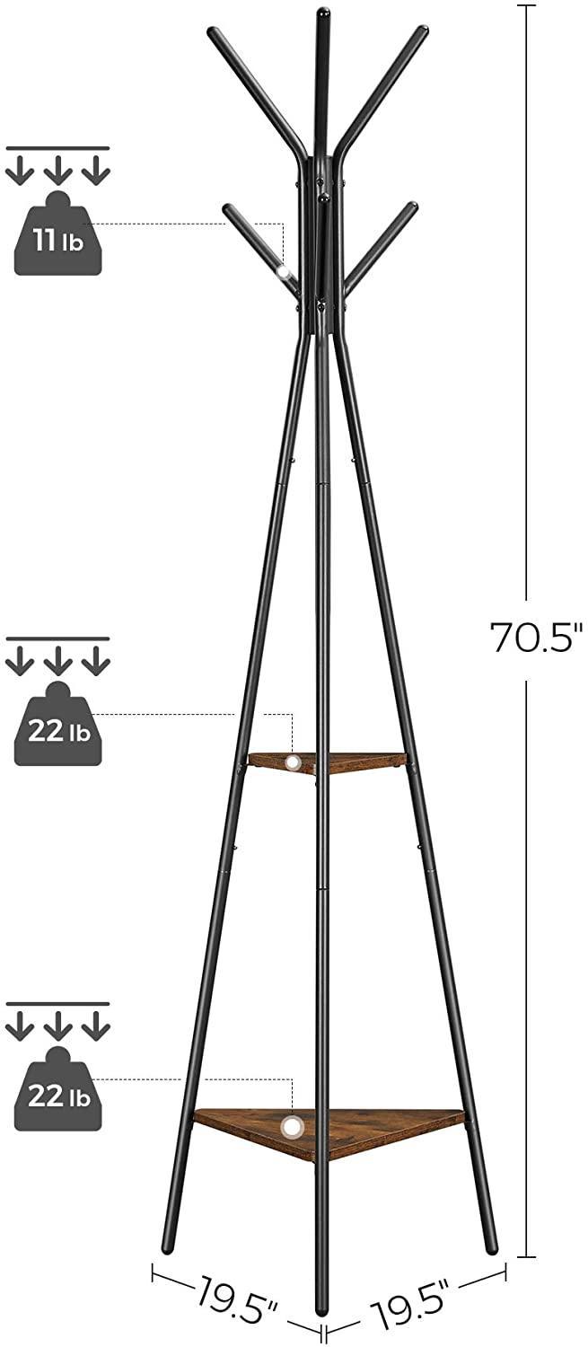 Black Coat Rack Stand Industrial Style 2 Shelves Clothes - John Cootes