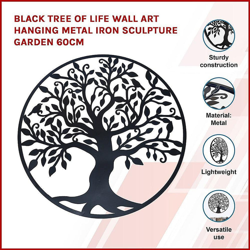 Black Tree of Life Wall Art Hanging Metal Iron Sculpture Garden 60cm - John Cootes