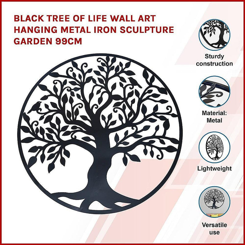 Black Tree of Life Wall Art Hanging Metal Iron Sculpture Garden 99cm - John Cootes
