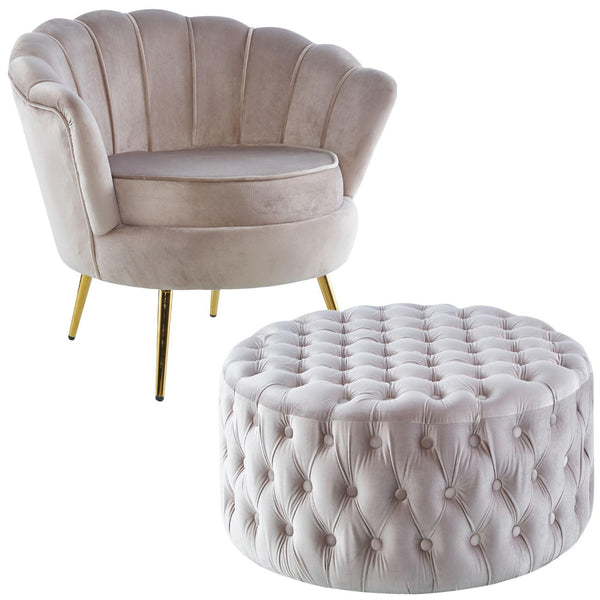 Bloomer Velvet Fabric Accent Sofa Love Chair Round Ottoman Set - Beige - John Cootes