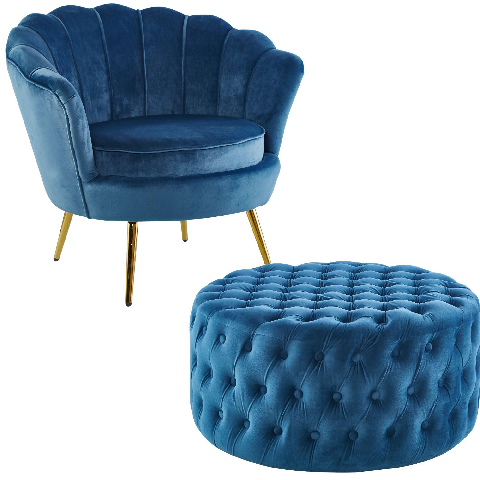 Bloomer Velvet Fabric Accent Sofa Love Chair Round Ottoman Set - Blue - John Cootes