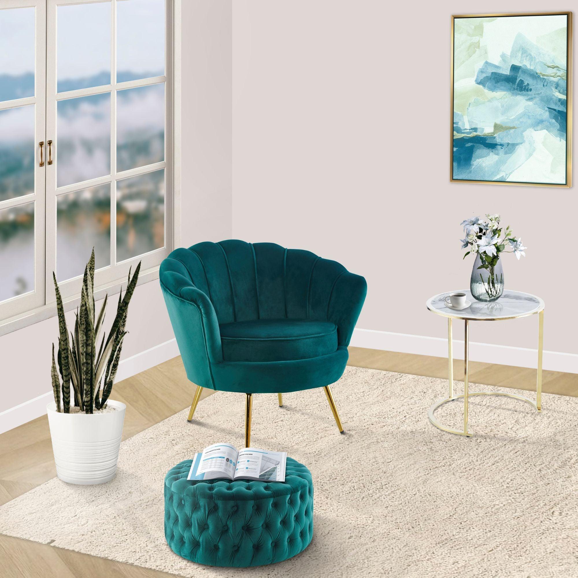 Bloomer Velvet Fabric Accent Sofa Love Chair Round Ottoman Set - Green - John Cootes