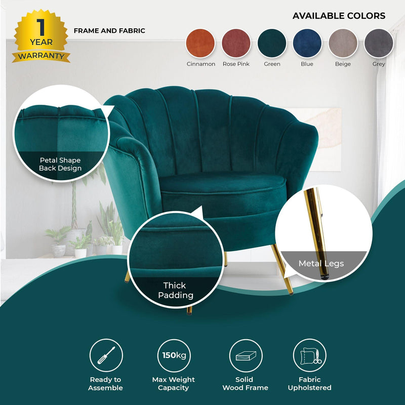 Bloomer Velvet Fabric Accent Sofa Love Chair Round Ottoman Set - Green - John Cootes