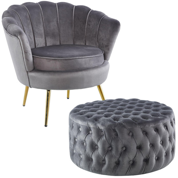 Bloomer Velvet Fabric Accent Sofa Love Chair Round Ottoman Set - Grey - John Cootes