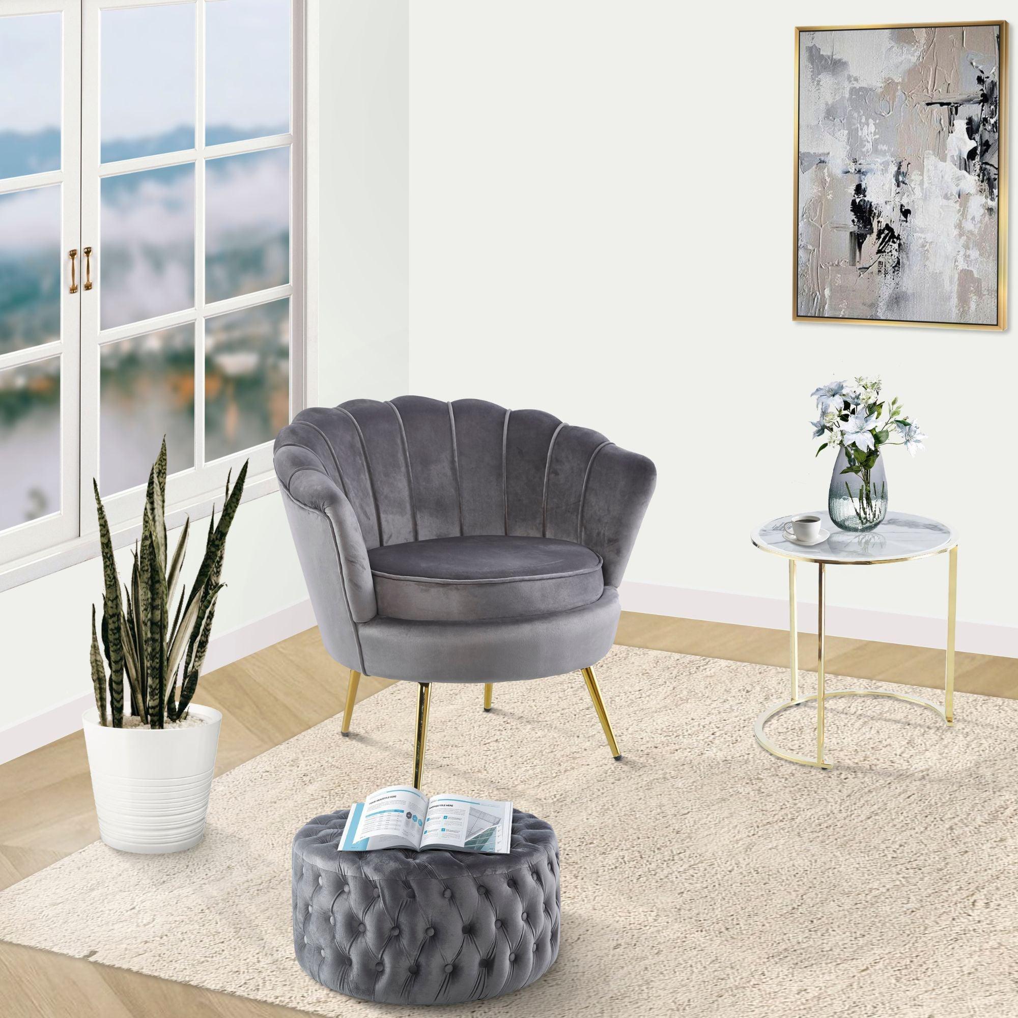 Bloomer Velvet Fabric Accent Sofa Love Chair Round Ottoman Set - Grey - John Cootes