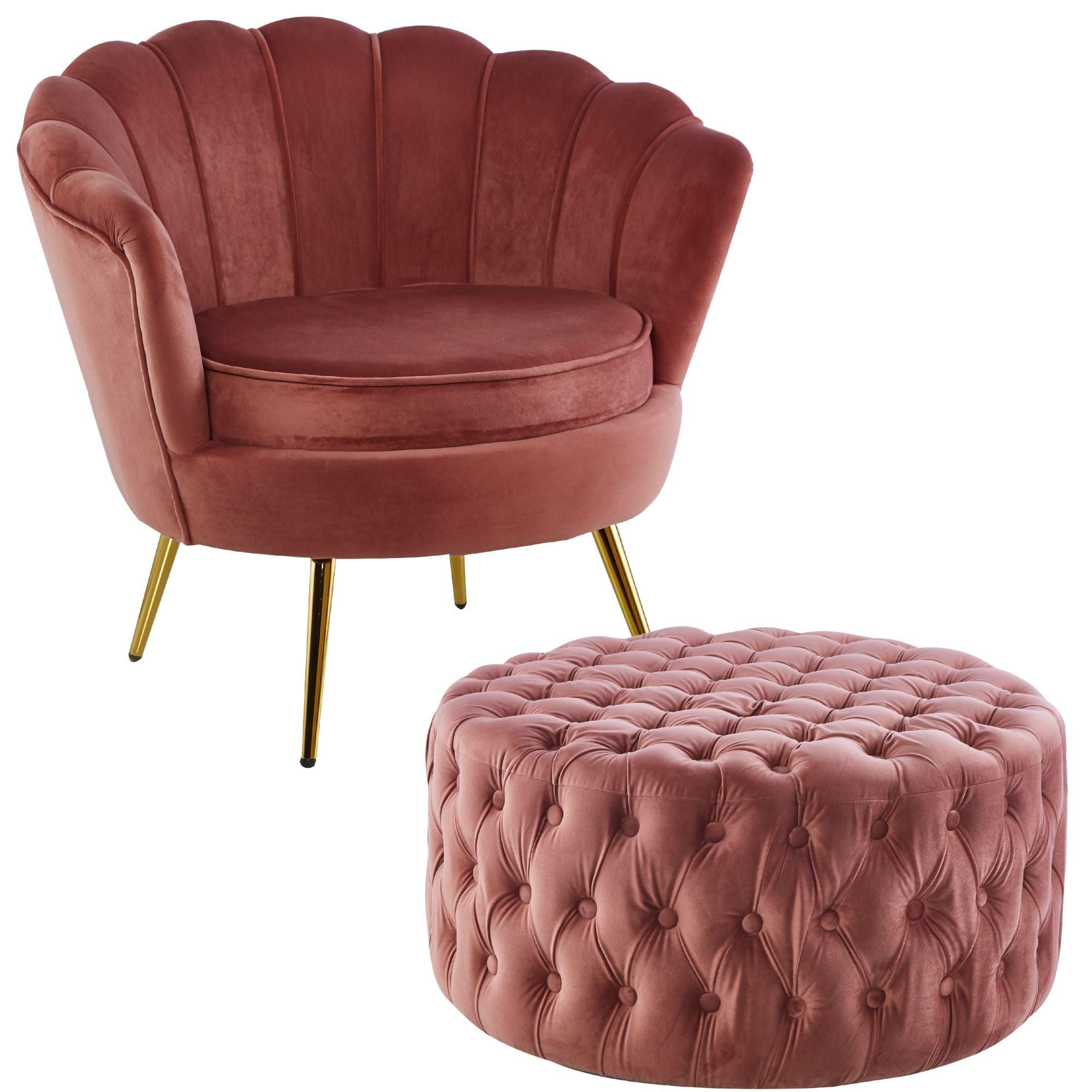 Bloomer Velvet Fabric Accent Sofa Love Chair Round Ottoman Set - Rose Pink - John Cootes