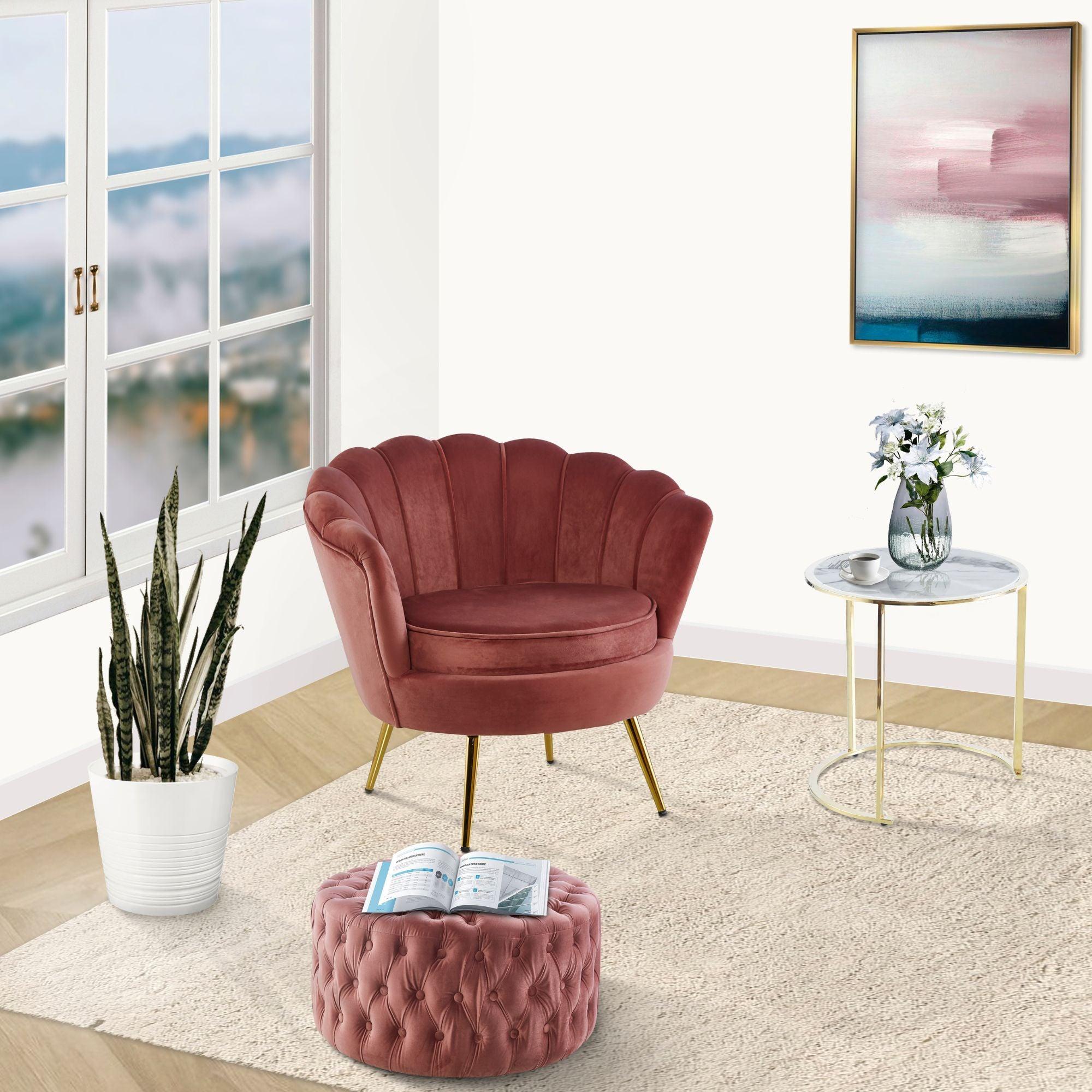 Bloomer Velvet Fabric Accent Sofa Love Chair Round Ottoman Set - Rose Pink - John Cootes