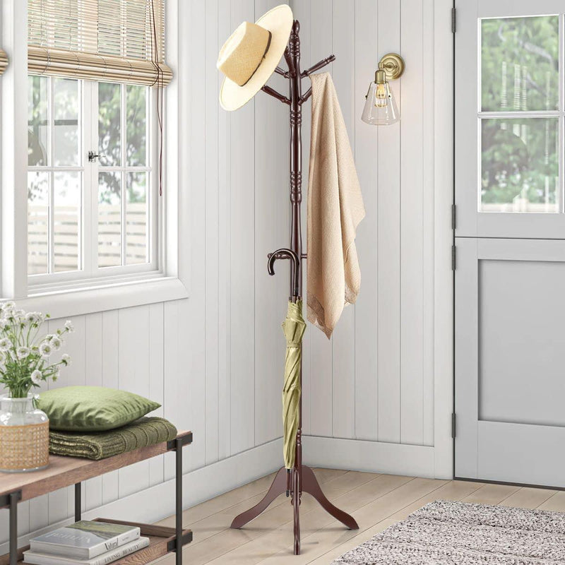 Brown Coat Rack with Stand Wooden Hat and 9 Hooks Hanger Walnut tree - John Cootes