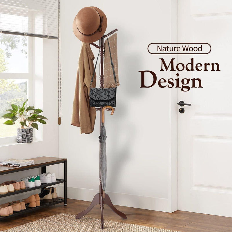 Brown Coat Rack with Stand Wooden Hat and 9 Hooks Hanger Walnut tree - John Cootes