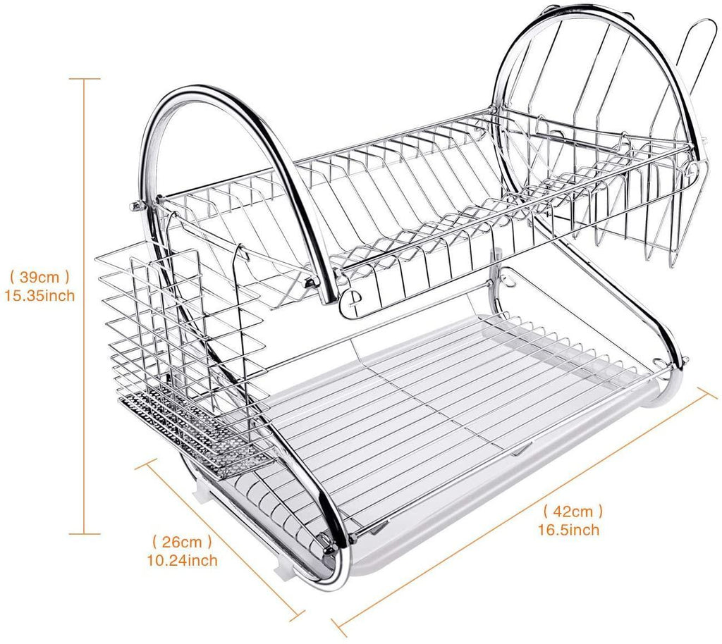 CARLA HOME 2 Tier Dish Rack with Drain Board for Kitchen Counter and Plated  Chrome Dish Dryer Silver 42 x 25,5 x 38 cm