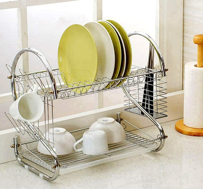 CARLA HOME 2 Tier Dish Rack with Drain Board for Kitchen Counter and Plated  Chrome Dish Dryer Silver 42 x 25,5 x 38 cm