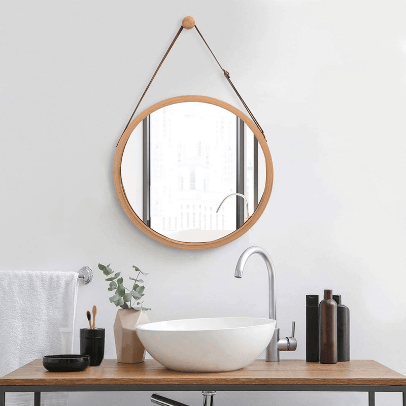 CARLA HOME Hanging Round Wall Mirror 38 cm - Solid Bamboo Frame and Adjustable Leather Strap for Bathroom and Bedroom - John Cootes