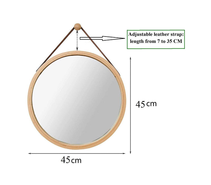 CARLA HOME Hanging Round Wall Mirror 45 cm - Solid Bamboo Frame and Adjustable Leather Strap for Bathroom and Bedroom - John Cootes