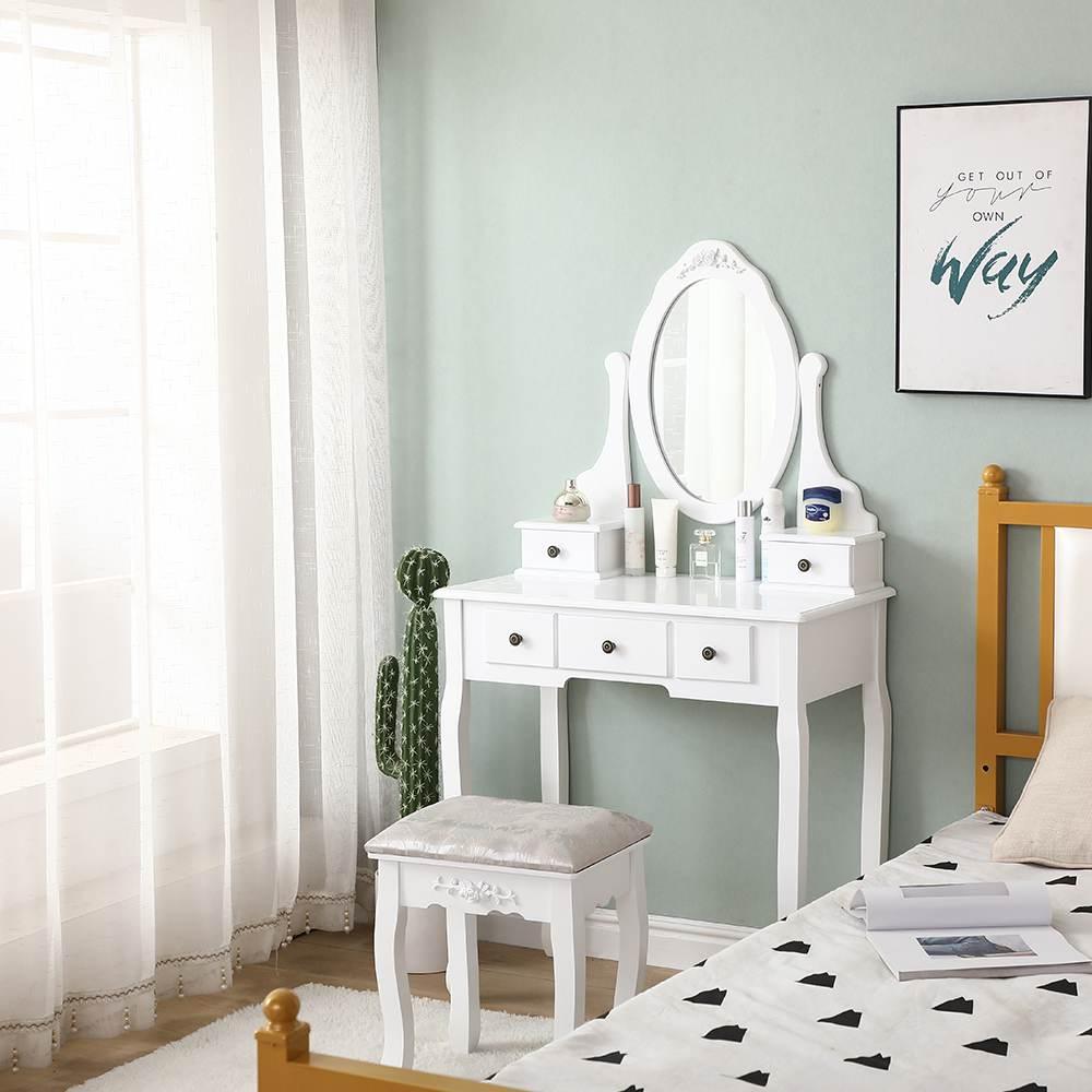 Carved Dressing Vanity Table Set with Mirror &#038; Stool- White - John Cootes