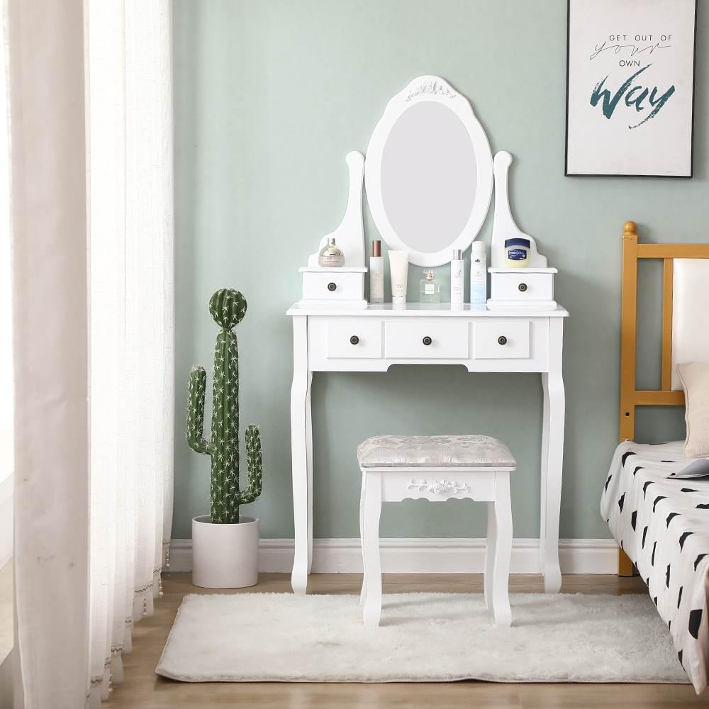 Carved Dressing Vanity Table Set with Mirror &#038; Stool- White - John Cootes