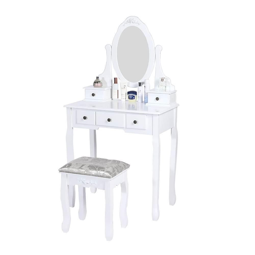 Carved Dressing Vanity Table Set with Mirror &#038; Stool- White - John Cootes