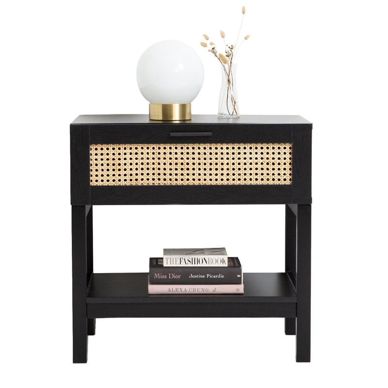 Casa Decor Tulum Rattan Bedside Table Drawers Table Nightstand Cabinet Black - John Cootes