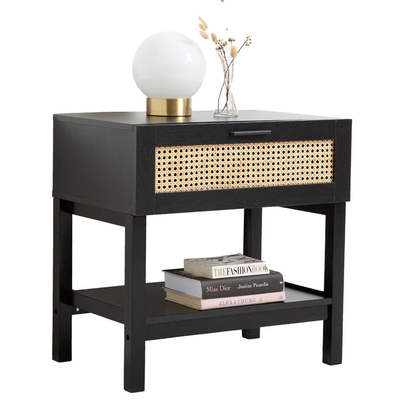 Casa Decor Tulum Rattan Bedside Table Drawers Table Nightstand Cabinet Black - John Cootes