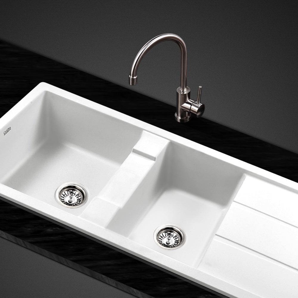 Cefito Stone Kitchen Sink 1160X500MM Granite Under/Topmount Basin Double Bowl White - John Cootes