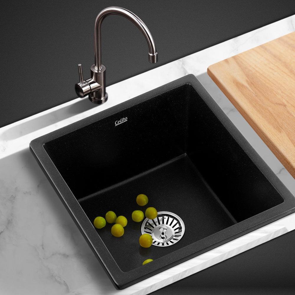 Cefito Stone Kitchen Sink 450X450MM Granite Under/Topmount Basin Bowl Laundry Black - John Cootes