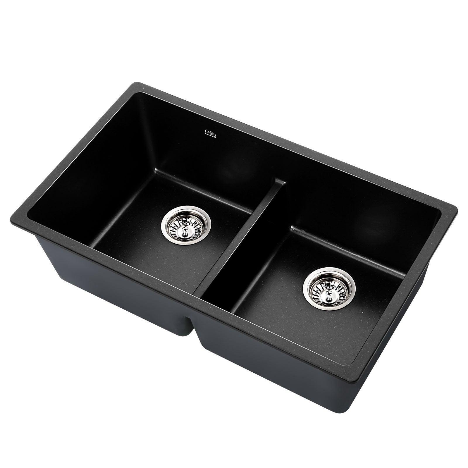 Cefito Stone Kitchen Sink 790X460MM Granite Under/Topmount Basin Double Bowl Black - John Cootes