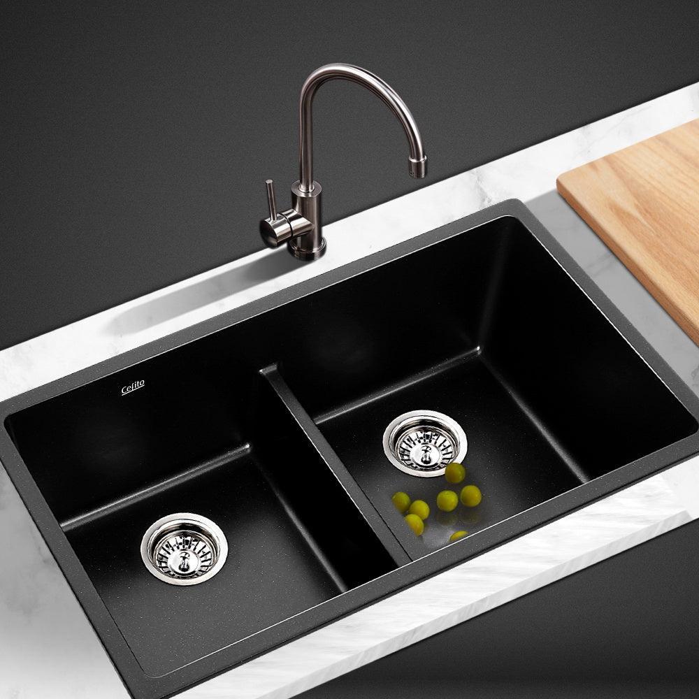 Cefito Stone Kitchen Sink 790X460MM Granite Under/Topmount Basin Double Bowl Black - John Cootes