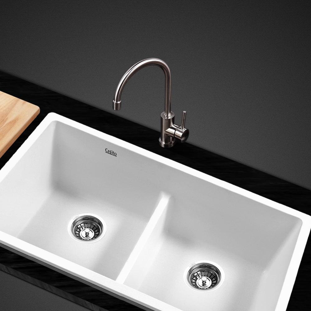 Cefito Stone Kitchen Sink 790X460MM Granite Under/Topmount Basin Double Bowl White - John Cootes