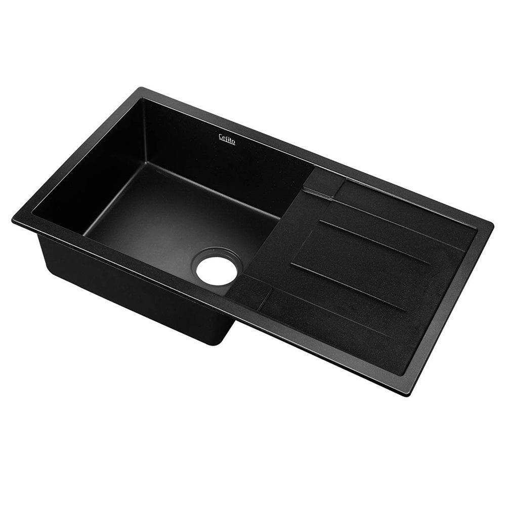 Cefito Stone Kitchen Sink 860X500MM Granite Under/Topmount Basin Bowl Laundry Black - John Cootes