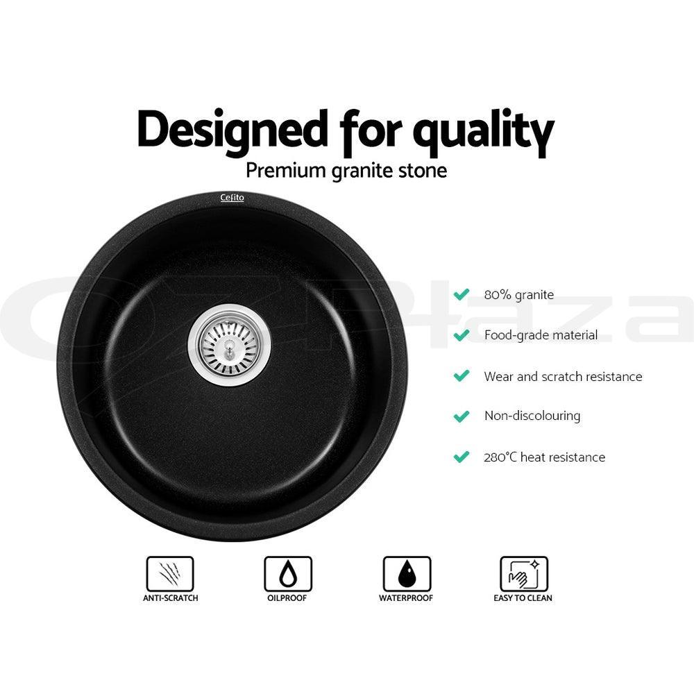 Cefito Stone Kitchen Sink Round 430MM Granite Under/Topmount Basin Bowl Laundry Black - John Cootes