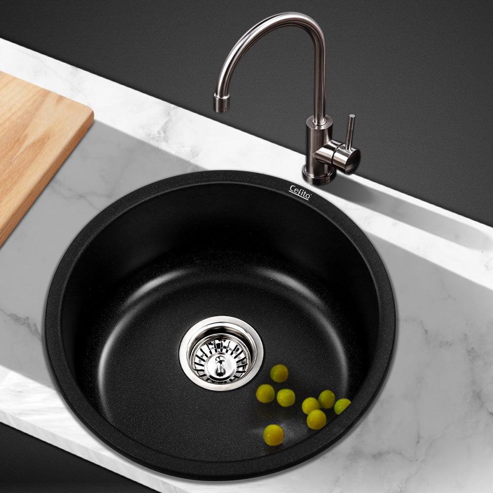 Cefito Stone Kitchen Sink Round 430MM Granite Under/Topmount Basin Bowl Laundry Black - John Cootes