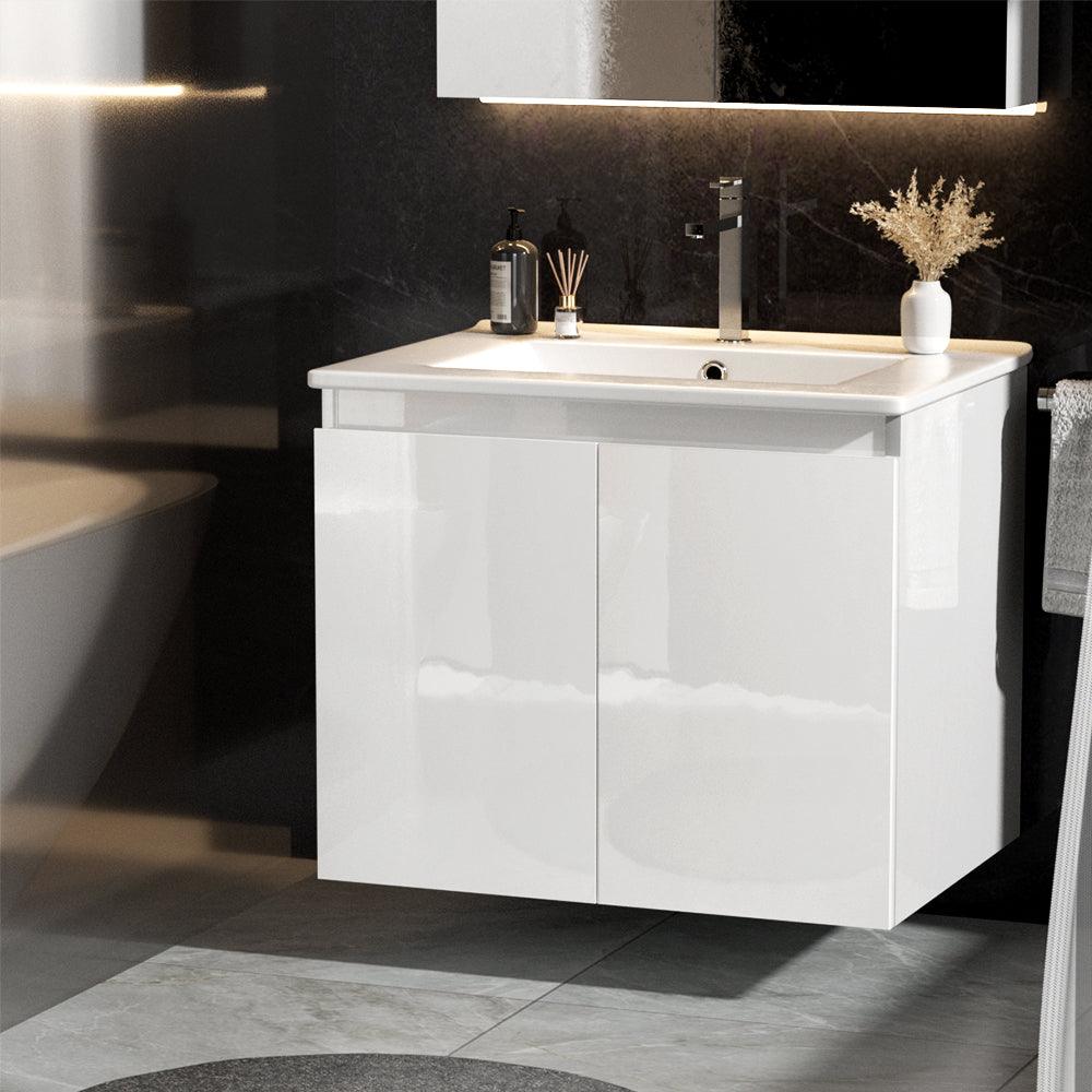 Cefito Vanity Unit Ceramic Basin Cabinet Storage Bathroom Wall Mounted 600mm White - John Cootes