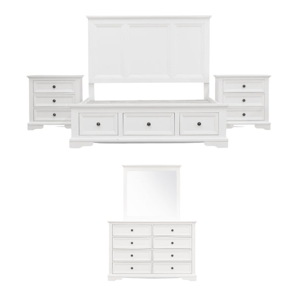 Celosia 5pc King Bed Frame Bedroom Suite Bedside Dresser Mirror Package - White - John Cootes