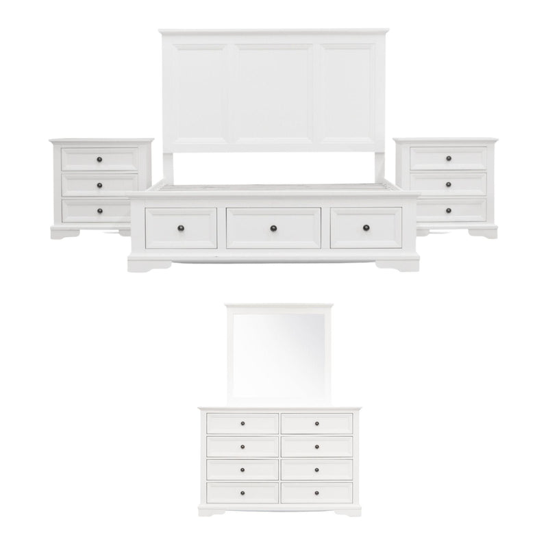 Celosia 5pc King Bed Frame Bedroom Suite Bedside Dresser Mirror Package - White - John Cootes