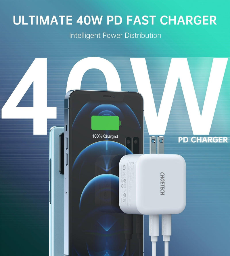 Choetech PD6009 40W Dual Fast USB C Charger 2-Port 20W PD 3.0 With Foldable Plug - John Cootes