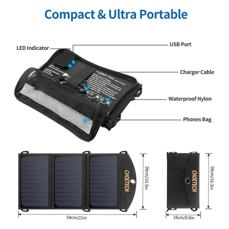 CHOETECH SC001 19W Portable Solar Panel Charger SunPower Panels Dual USB Charger for Camping/RV/Outdoors - John Cootes