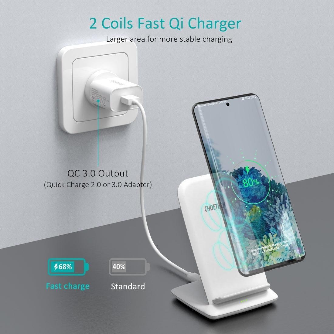 CHOETECH T555-F 15W Wireless Charger Stand with AC Charger (White) - John Cootes