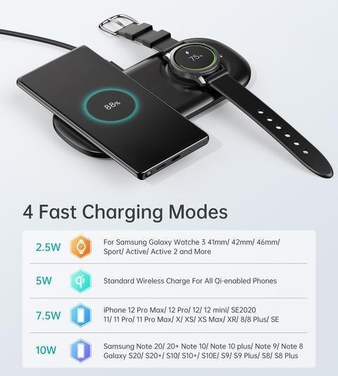 Choetech T570-S 2-in-1 Wireless Charger, 10W Max Wireless Charging Pad with Adapter for Galaxy Watch - John Cootes