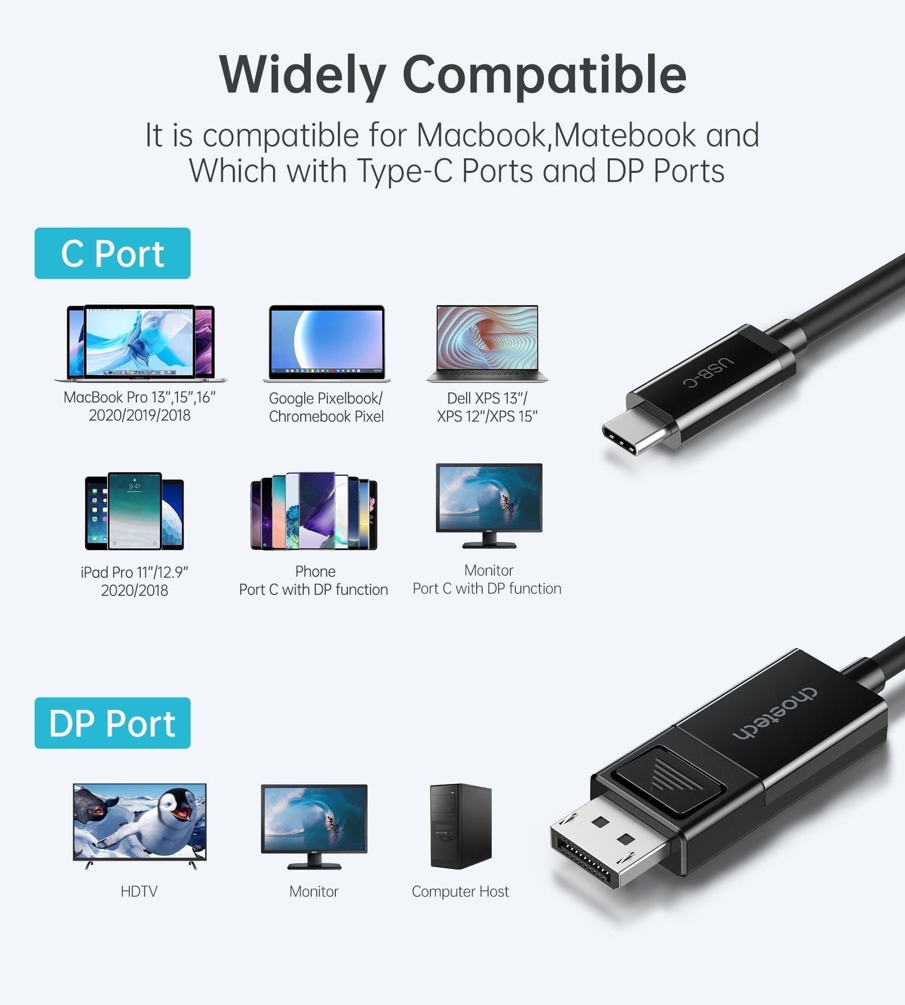 CHOETECH XCP-1803 USB-C To DisplayPort Cable 8K@30Hz 1.8M Two-Way - John Cootes