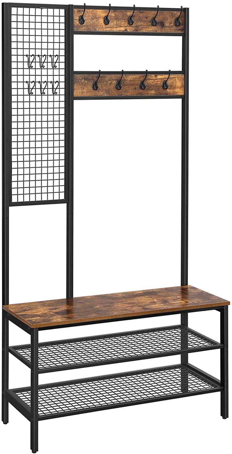 Coat Rack Stand Industrial Style with Grid Wall and Shoe storage 185 cm Tall Rustic Brown - John Cootes