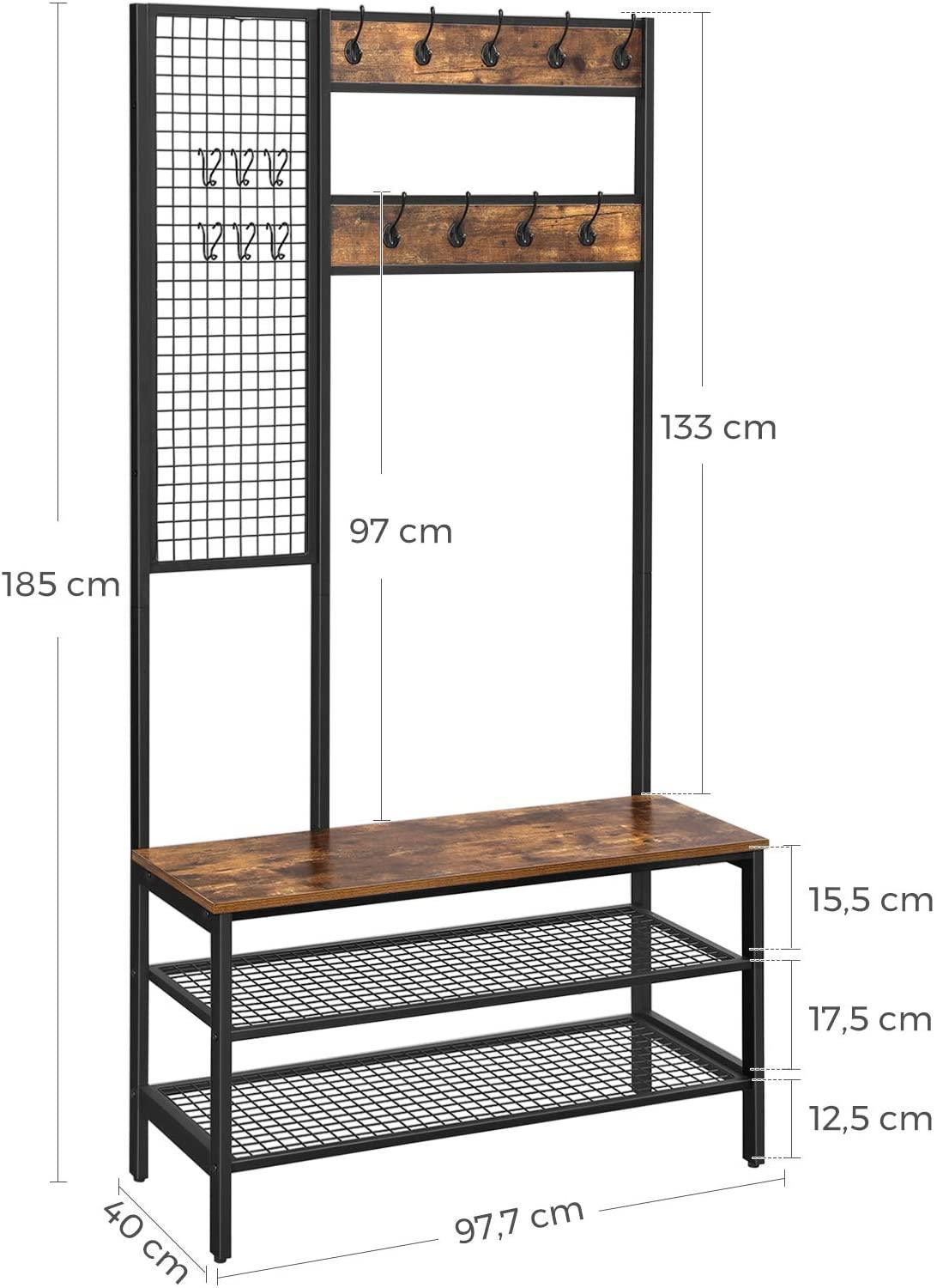 Coat Rack Stand Industrial Style with Grid Wall and Shoe storage 185 cm Tall Rustic Brown - John Cootes