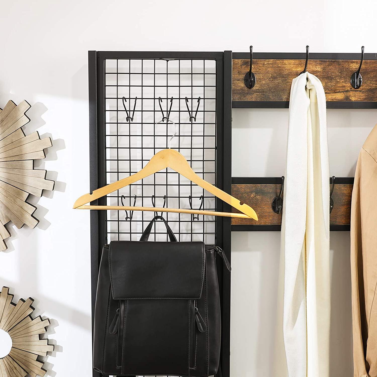 Coat Rack Stand Industrial Style with Grid Wall and Shoe storage 185 cm Tall Rustic Brown - John Cootes