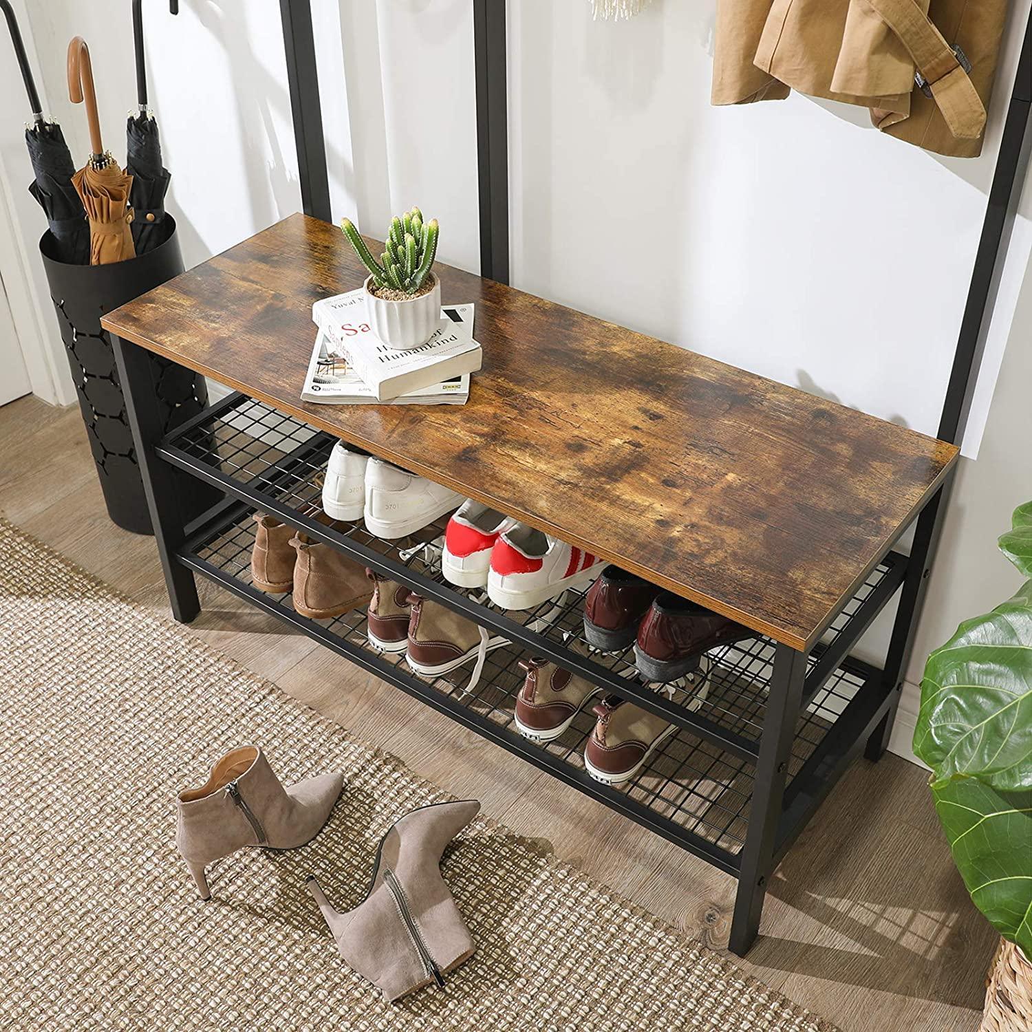 Coat Rack Stand Industrial Style with Grid Wall and Shoe storage 185 cm Tall Rustic Brown - John Cootes