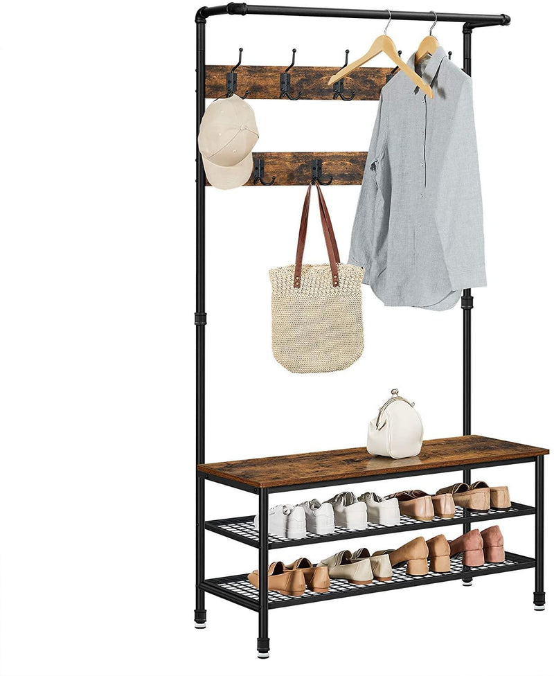 Coat Rack Stand with 9 Hooks and Shoe Rack with Industrial Style Sturdy Steel Frame - John Cootes