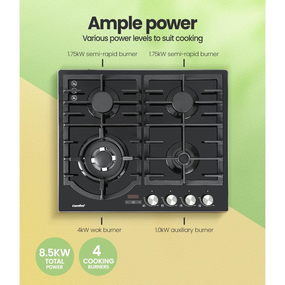 Comfee 60cm Gas Cooktop 4 Burners Kitchen Gas Hob Trivets Stove Cook Top Black - John Cootes