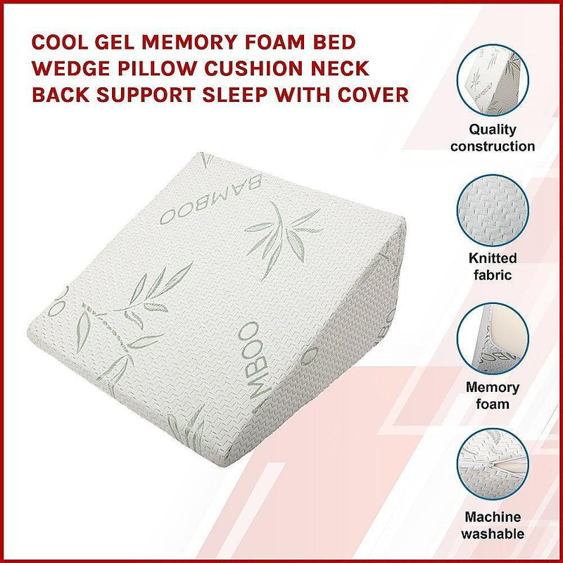 Cool Gel Memory Foam Bed Wedge Pillow Cushion Neck Back Support Sleep with Cover - John Cootes
