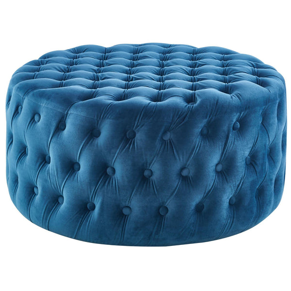 Cosmos Tufted Velvet Fabric Round Ottoman Footstools - Blue - John Cootes