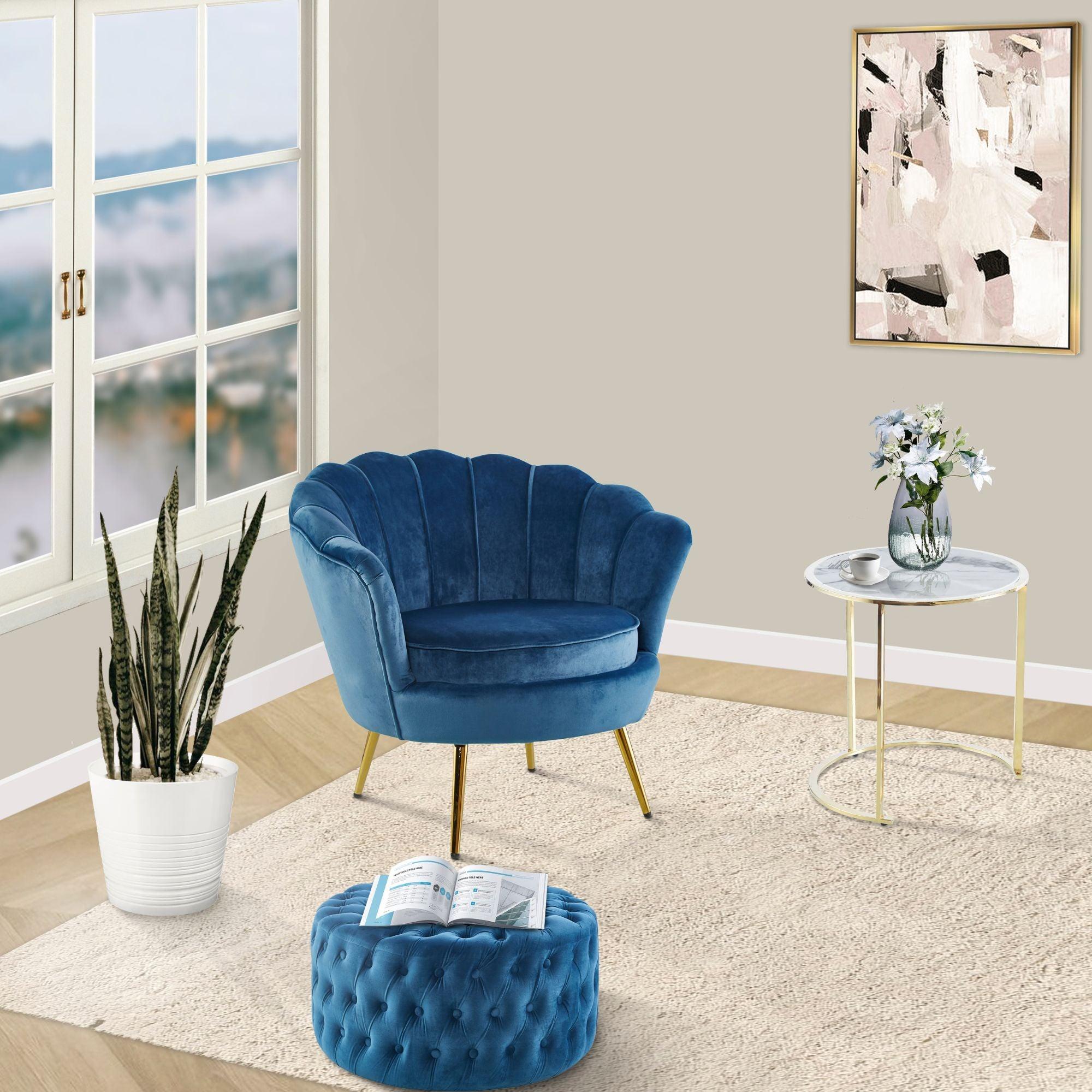 Cosmos Tufted Velvet Fabric Round Ottoman Footstools - Blue - John Cootes